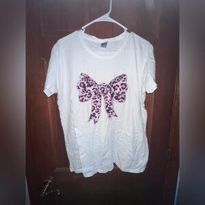 Gildan White Tee with Pink Leopard Bow
